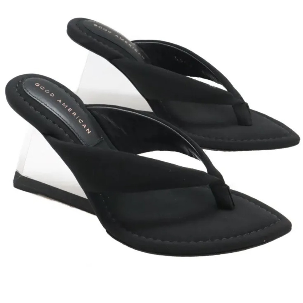 Good American Women’s Wedge Black Thong Sandals Transparent Heel GA077N Size 7